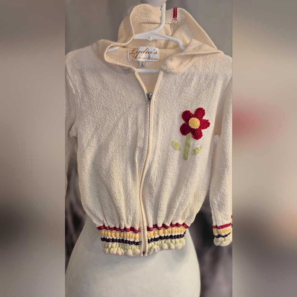 Cream Zip-Up Sweater with Red Flower Design
